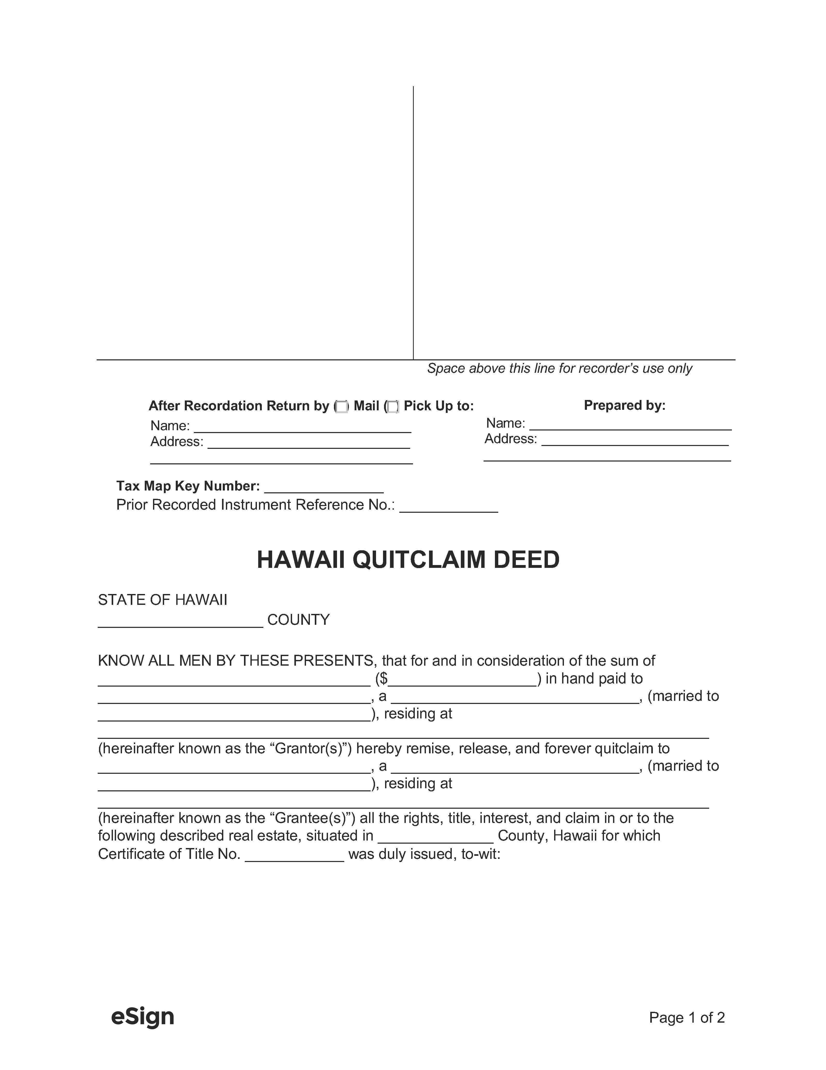 Free Hawaii Quitclaim Deed Form