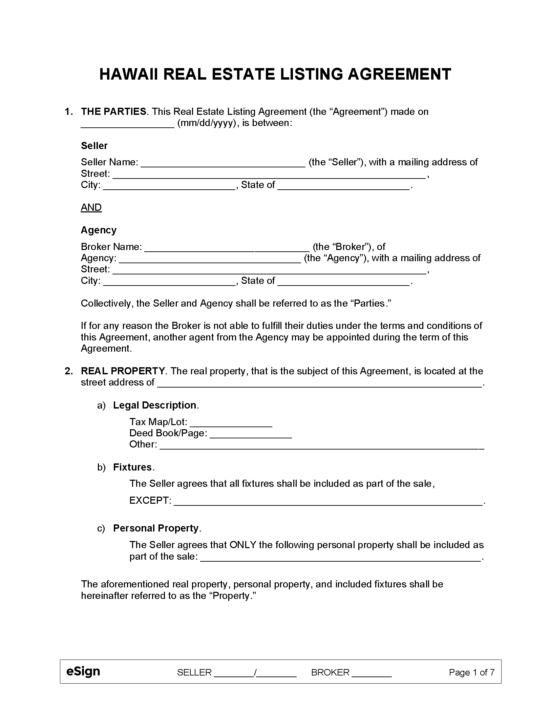 Free Hawaii Real Estate Listing Agreement PDF Word