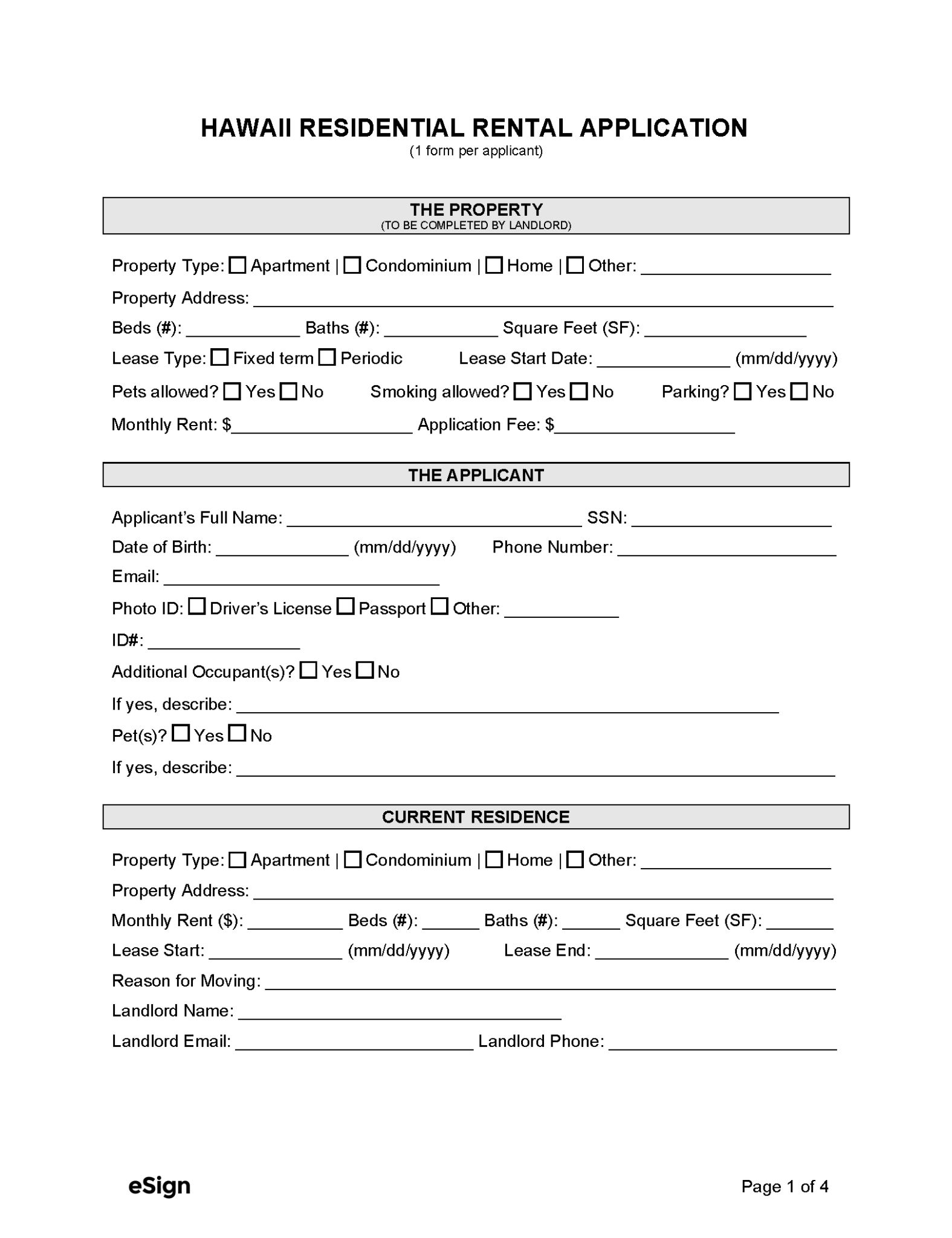 Free Hawaii Rental Application Form PDF Word