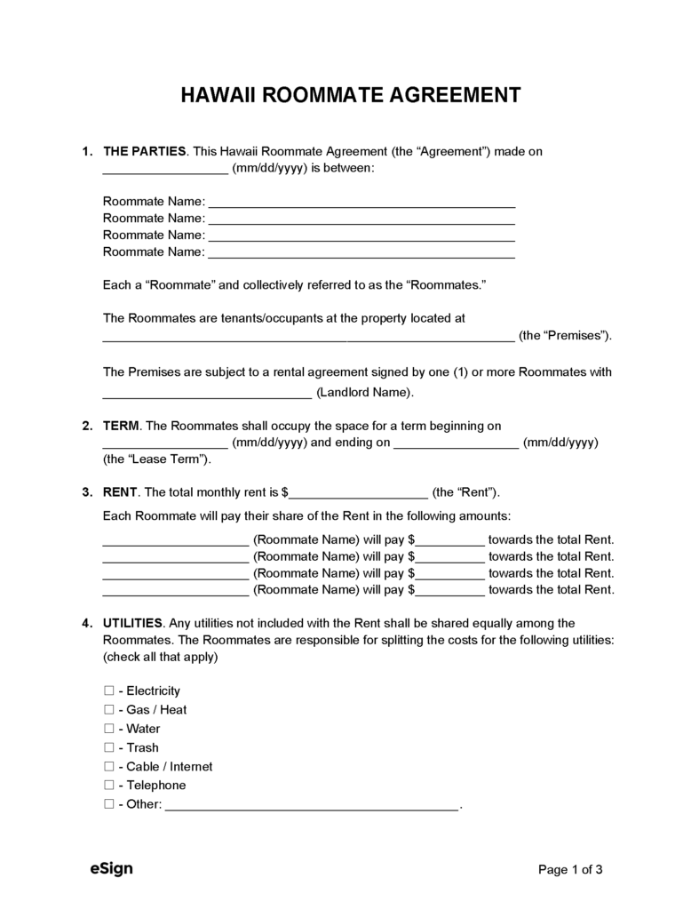 Free Hawaii Roommate Agreement Template 