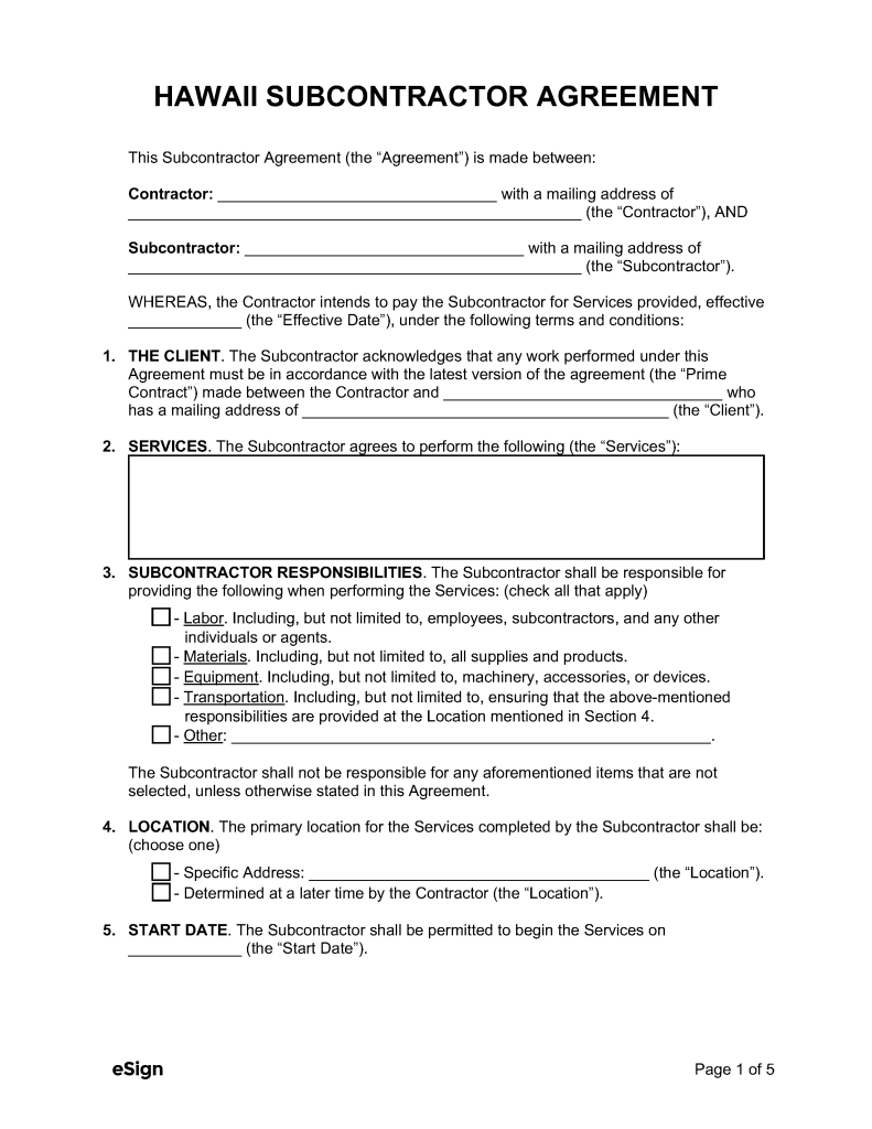 Free Hawaii Subcontractor Agreement | PDF | Word