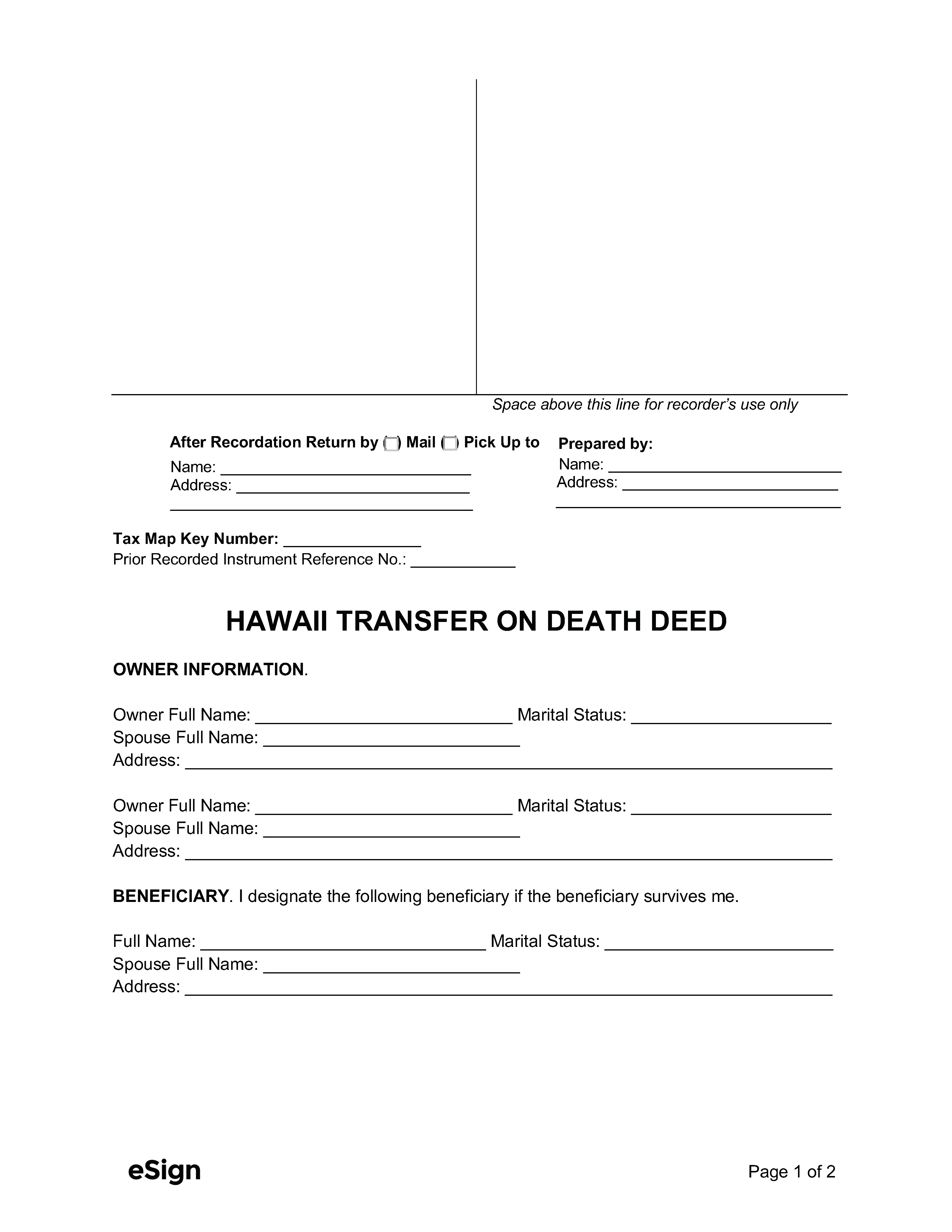 Hawaii Transfer on Death Deed Form