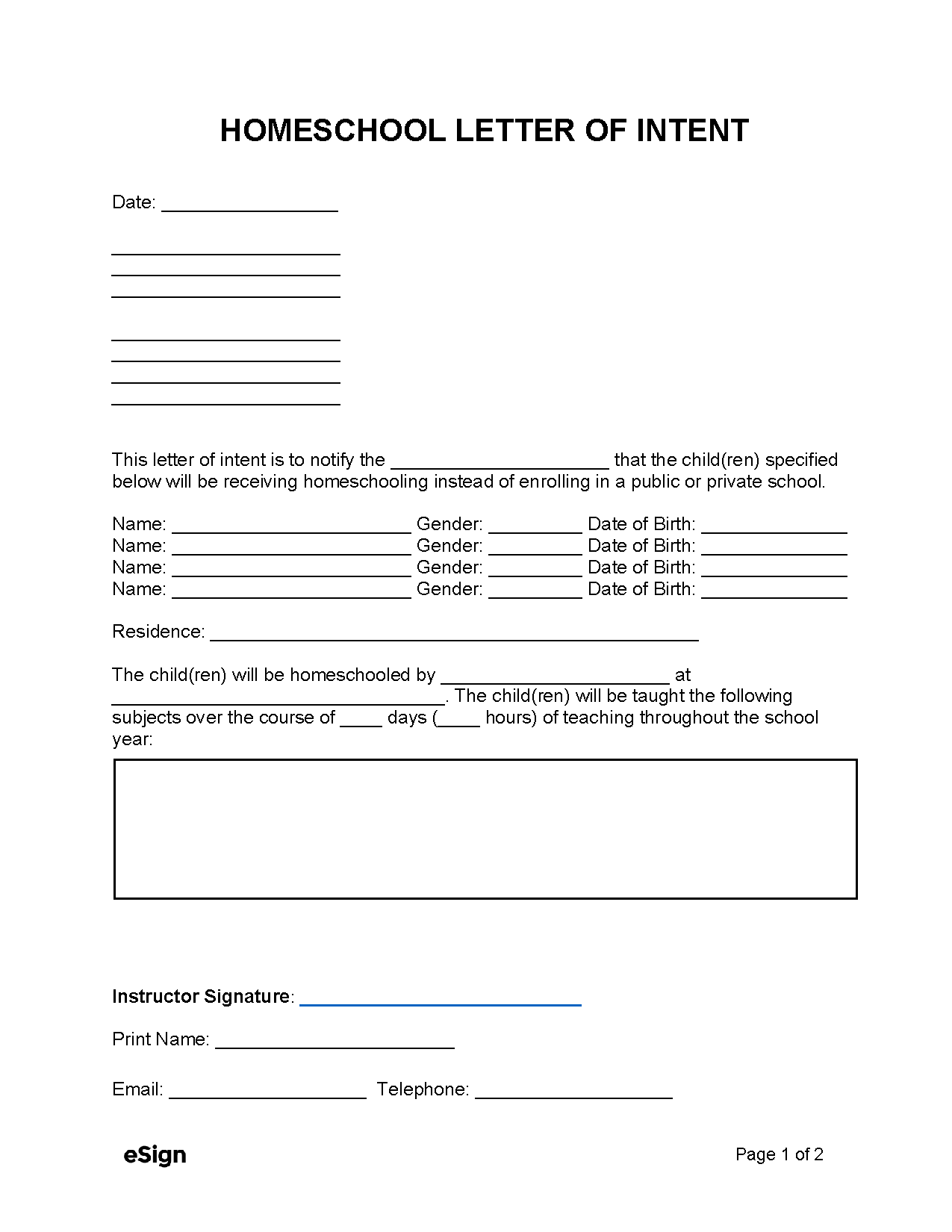 Free Letter Of Intent To Homeschool PDF Word