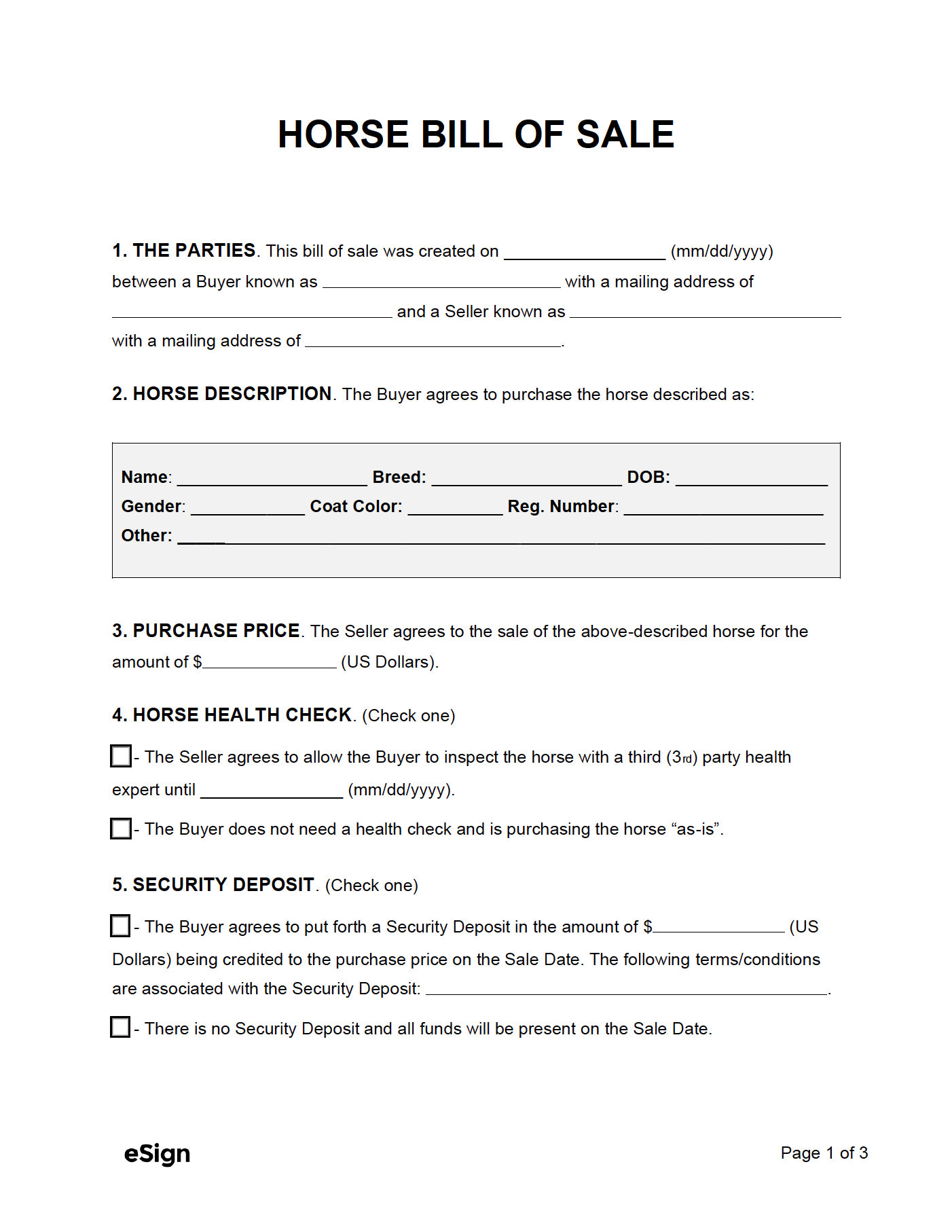 Free Horse Bill Of Sale Template PRINTABLE TEMPLATES