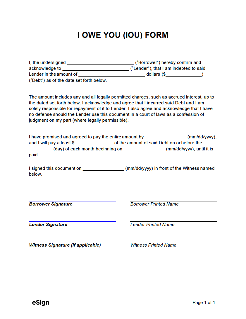 Free I Owe You (IOU) Template PDF Word