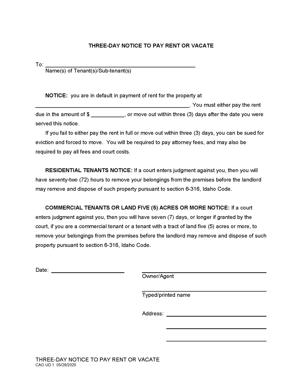 Free Idaho 3Day Notice to Quit NonPayment PDF