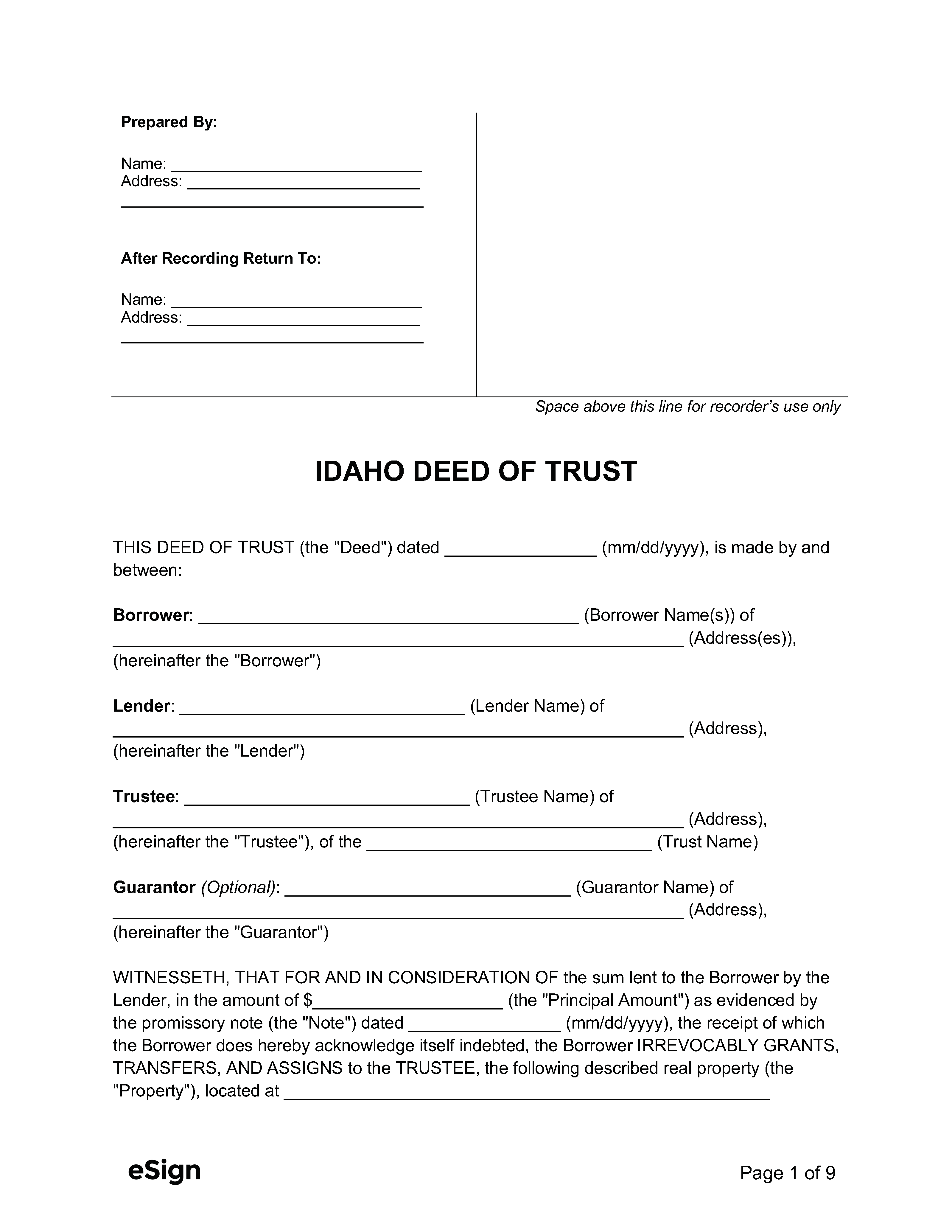 Free Idaho Deed Of Trust Form PDF Word