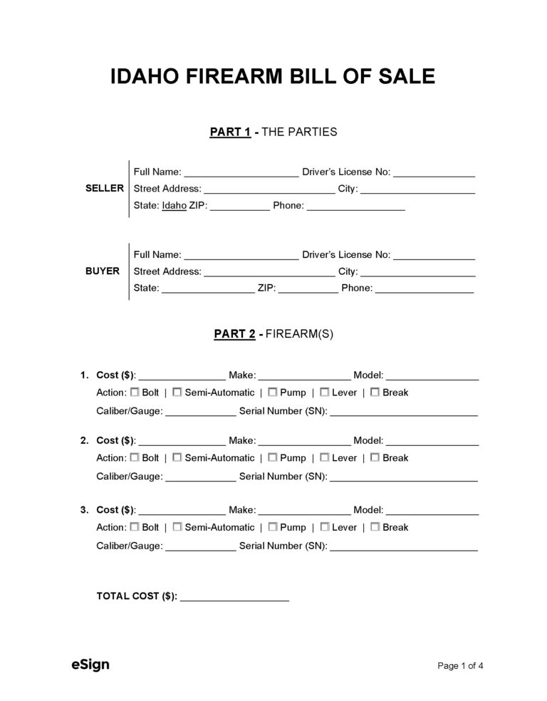 Free Idaho Firearm Bill of Sale Form | PDF | Word