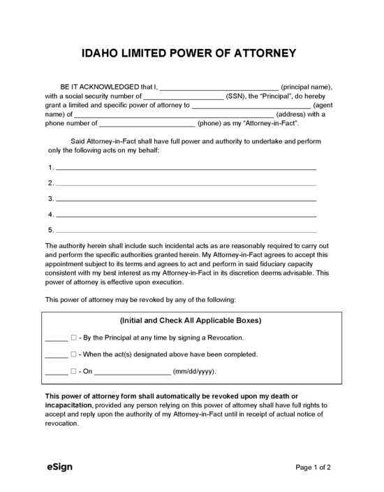 Free Idaho Limited Power of Attorney Form PDF Word