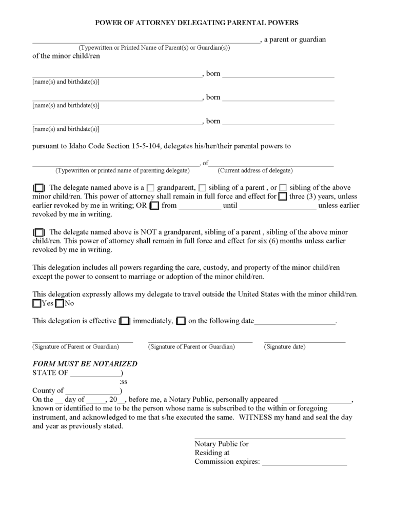 Free Idaho Minor (Child) Power of Attorney Form | PDF