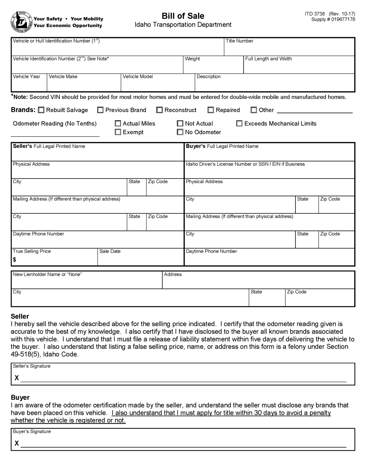 Free Idaho Motor Vehicle Bill of Sale Form | PDF