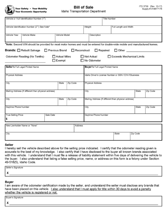 Free Idaho Bill of Sale Forms | PDF