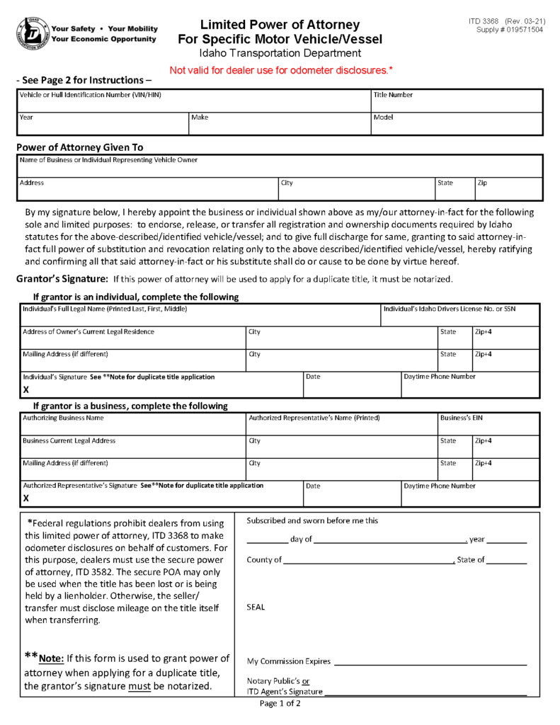 free-idaho-motor-vehicle-power-of-attorney-form-itd-3368-pdf