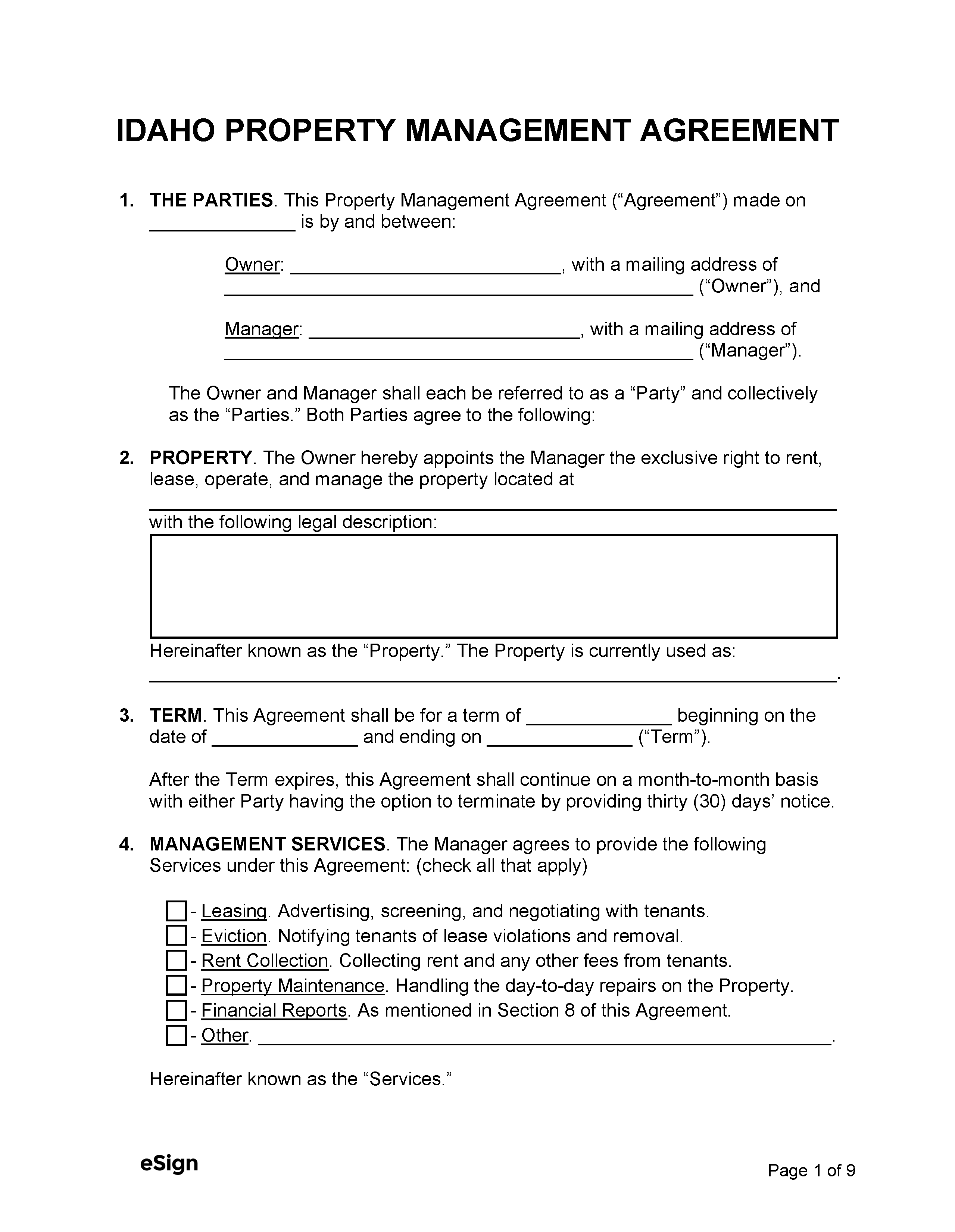 Free Idaho Property Management Agreement PDF Word