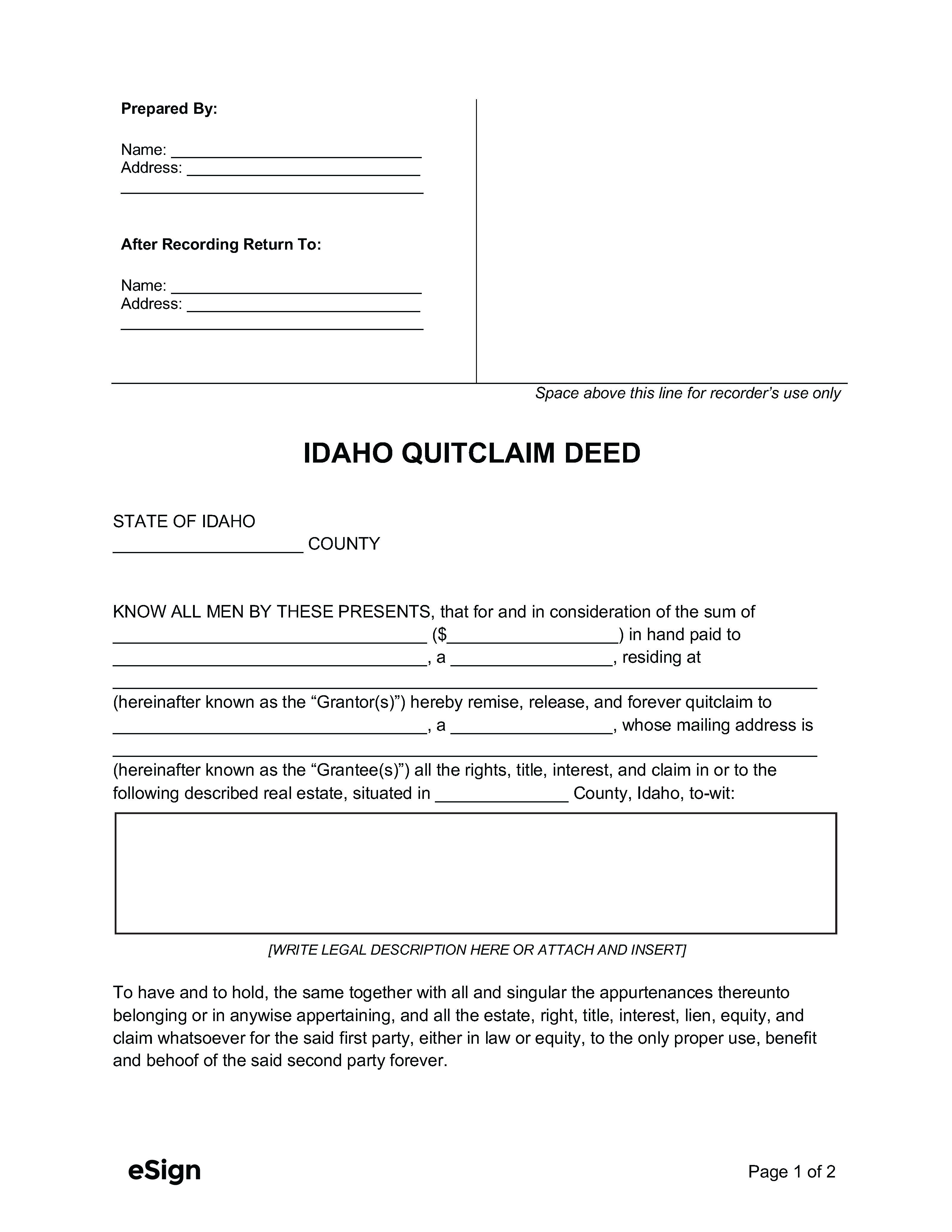 Free Idaho Quit Claim Deed Form Word Pdf Eforms 3757