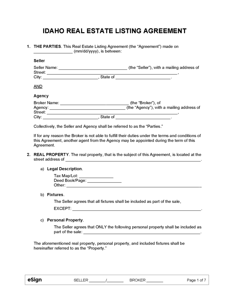 Free Idaho Real Estate Listing Agreement PDF Word