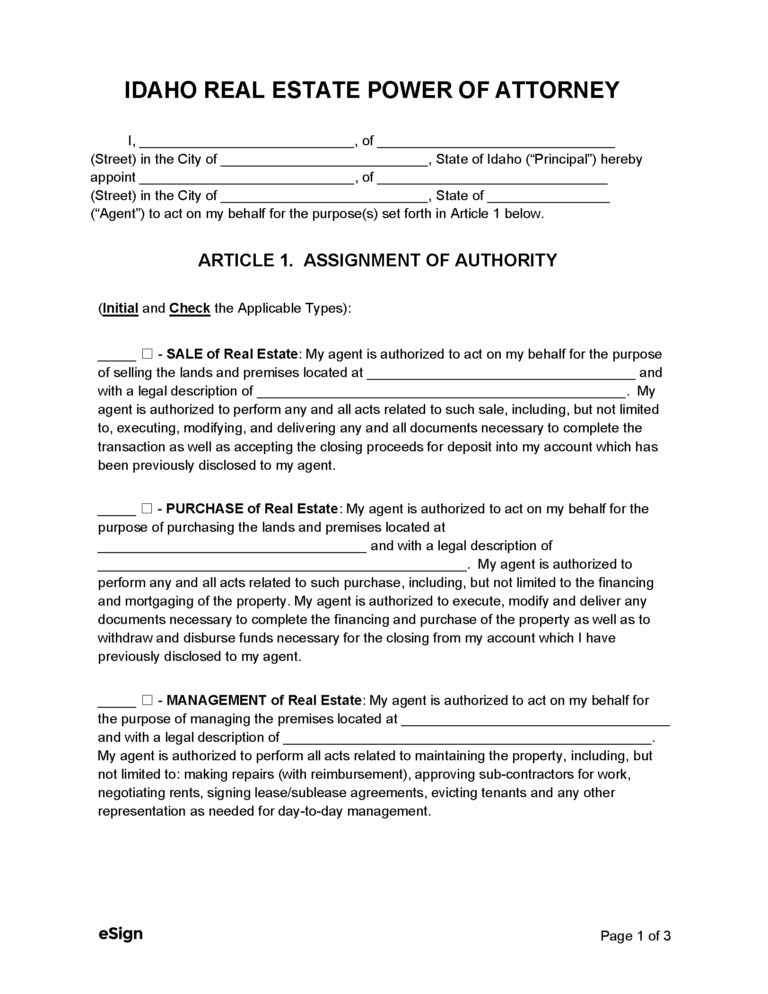 Free Idaho Real Estate Power Of Attorney Form PDF Word