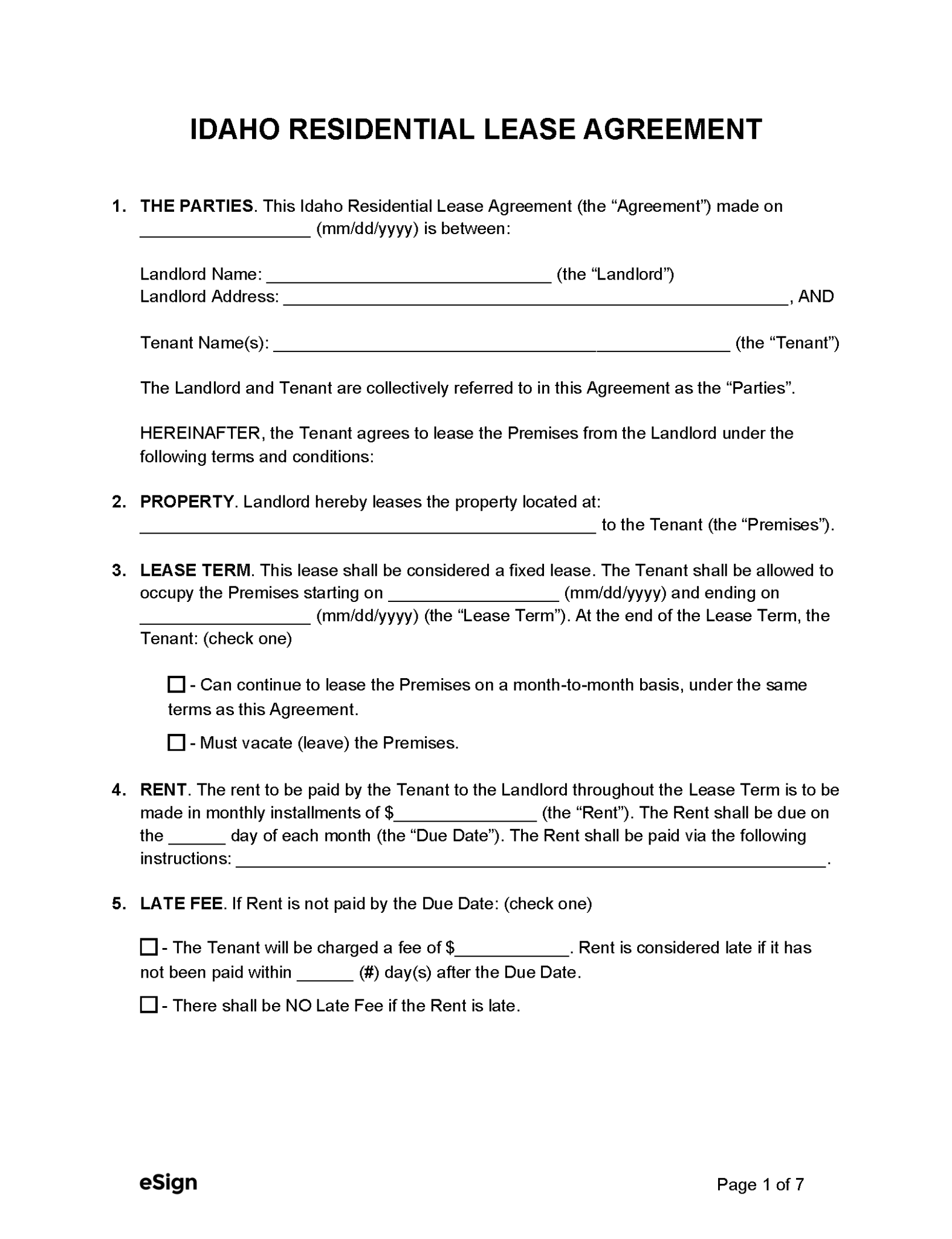 Free Idaho Standard Residential Lease Agreement Template PDF Word