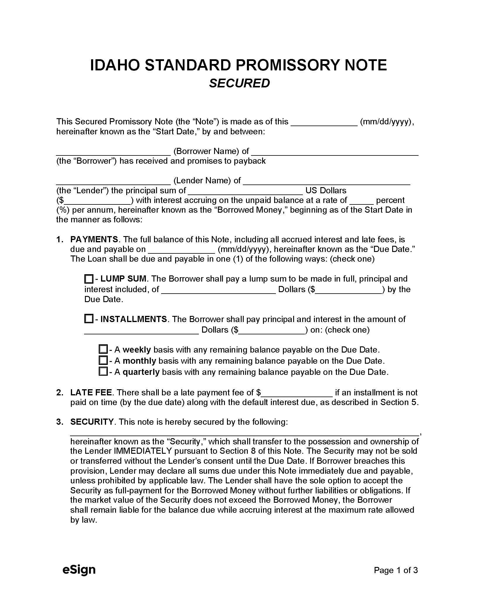 Free Idaho Secured Promissory Note Template PDF Word