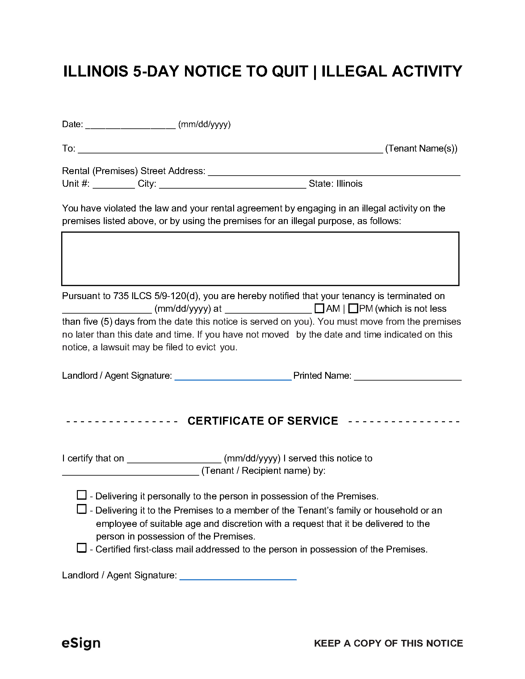 Free Illinois 5 Day Notice To Quit Illegal Activity PDF Word