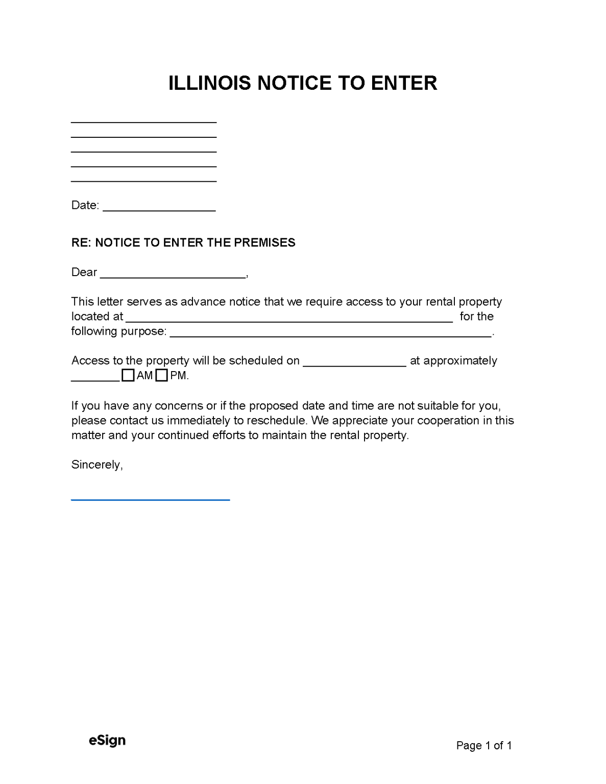 Free Illinois Landlord Notice to Enter | PDF | Word 