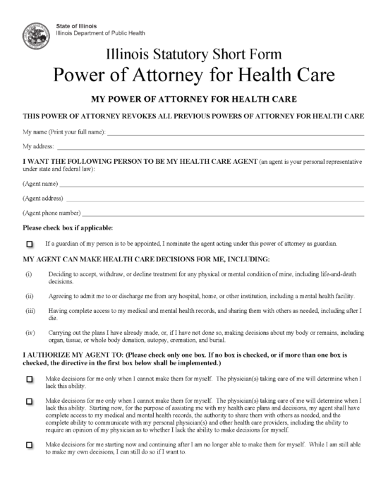 Free Illinois Medical Power Of Attorney Form PDF Word