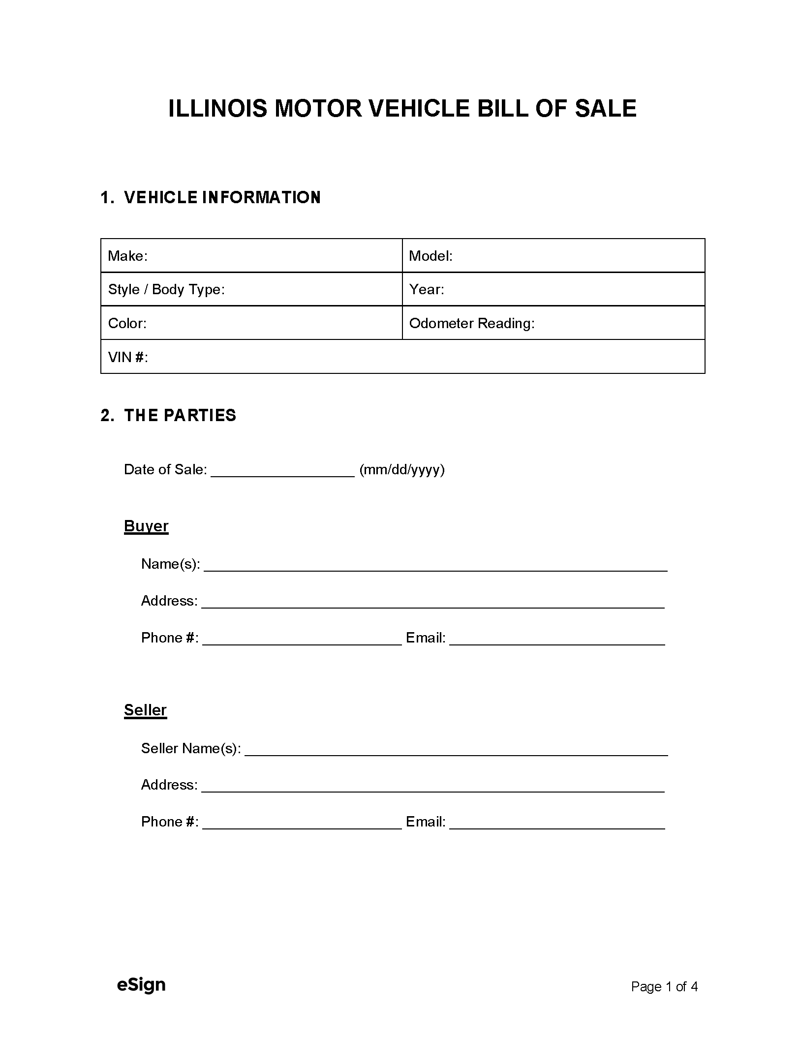 Free Illinois Motor Vehicle Bill of Sale Form PDF Word