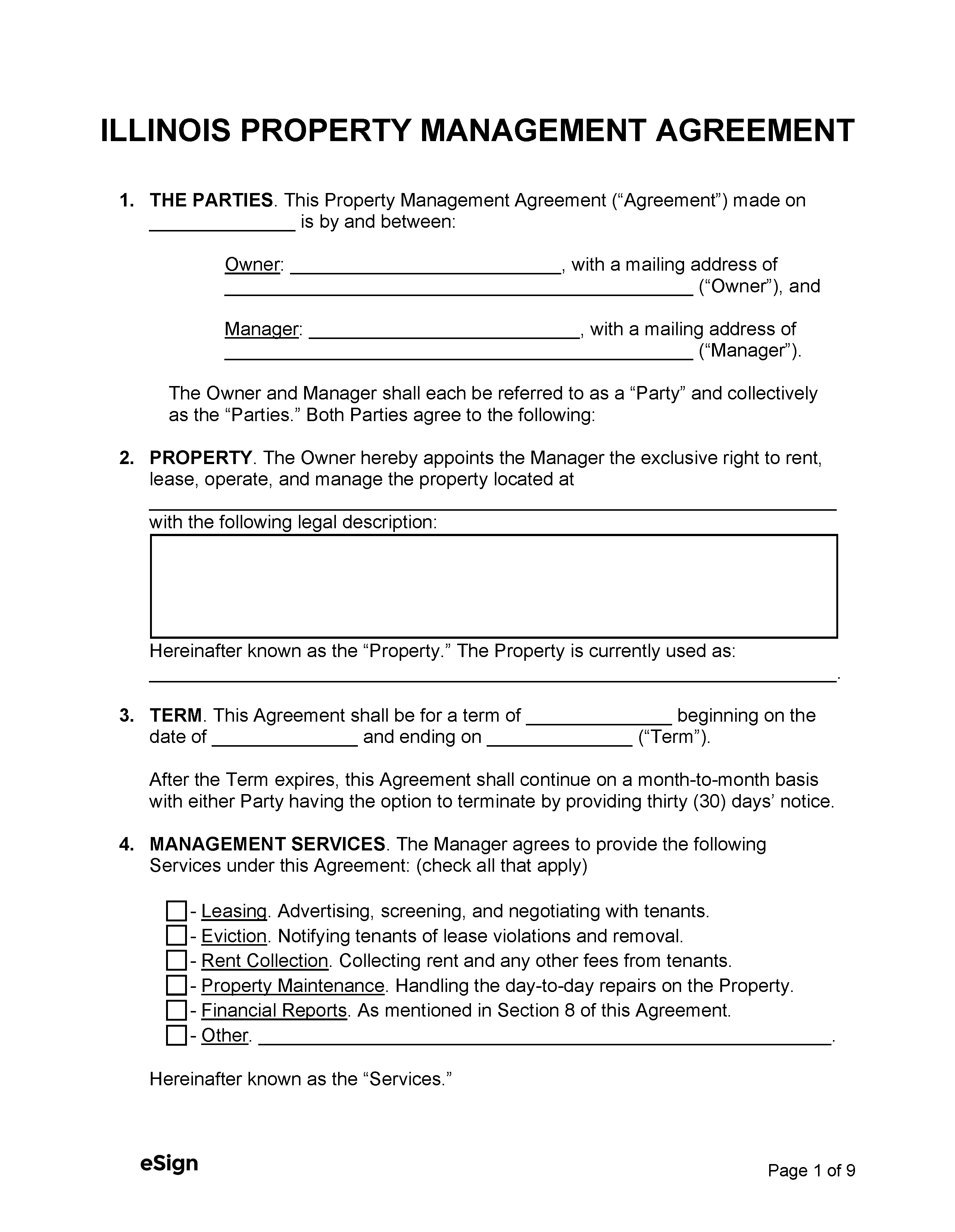 Free Illinois Property Management Agreement PDF Word