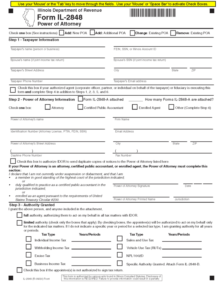 Free Illinois Tax Power of Attorney (Form IL 2848) | PDF