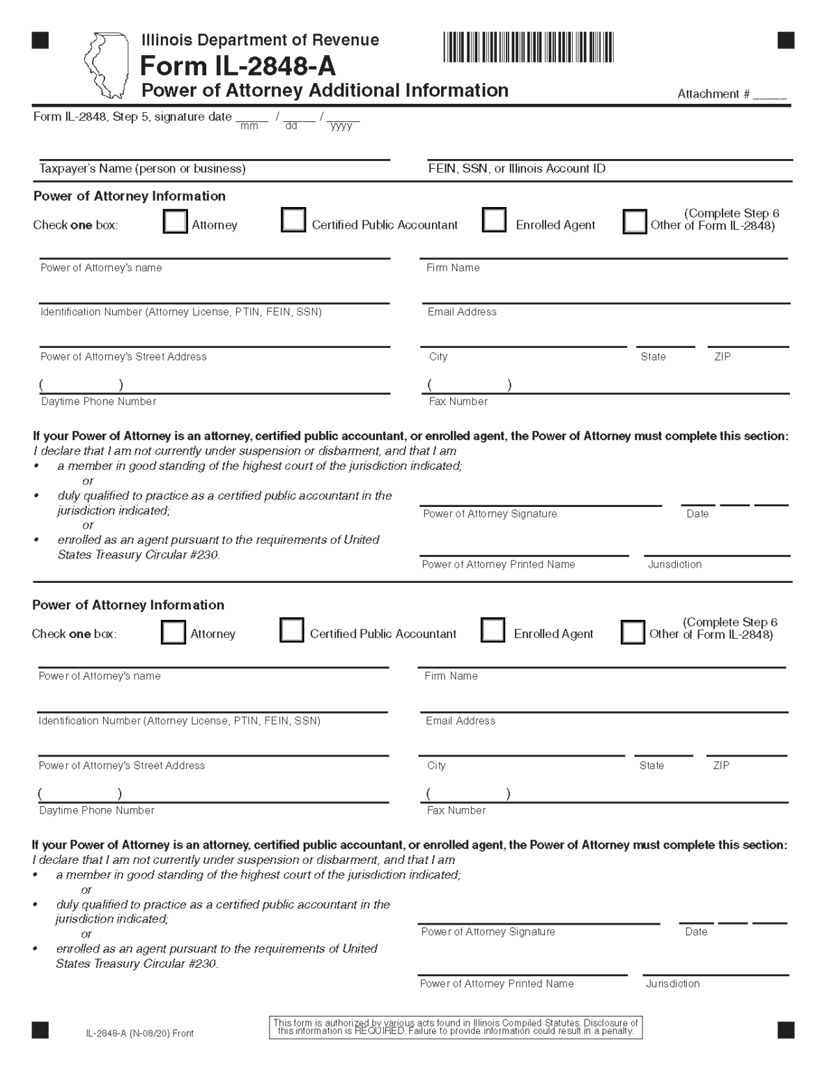 Free Illinois Tax Power Of Attorney (Form IL 2848) | PDF