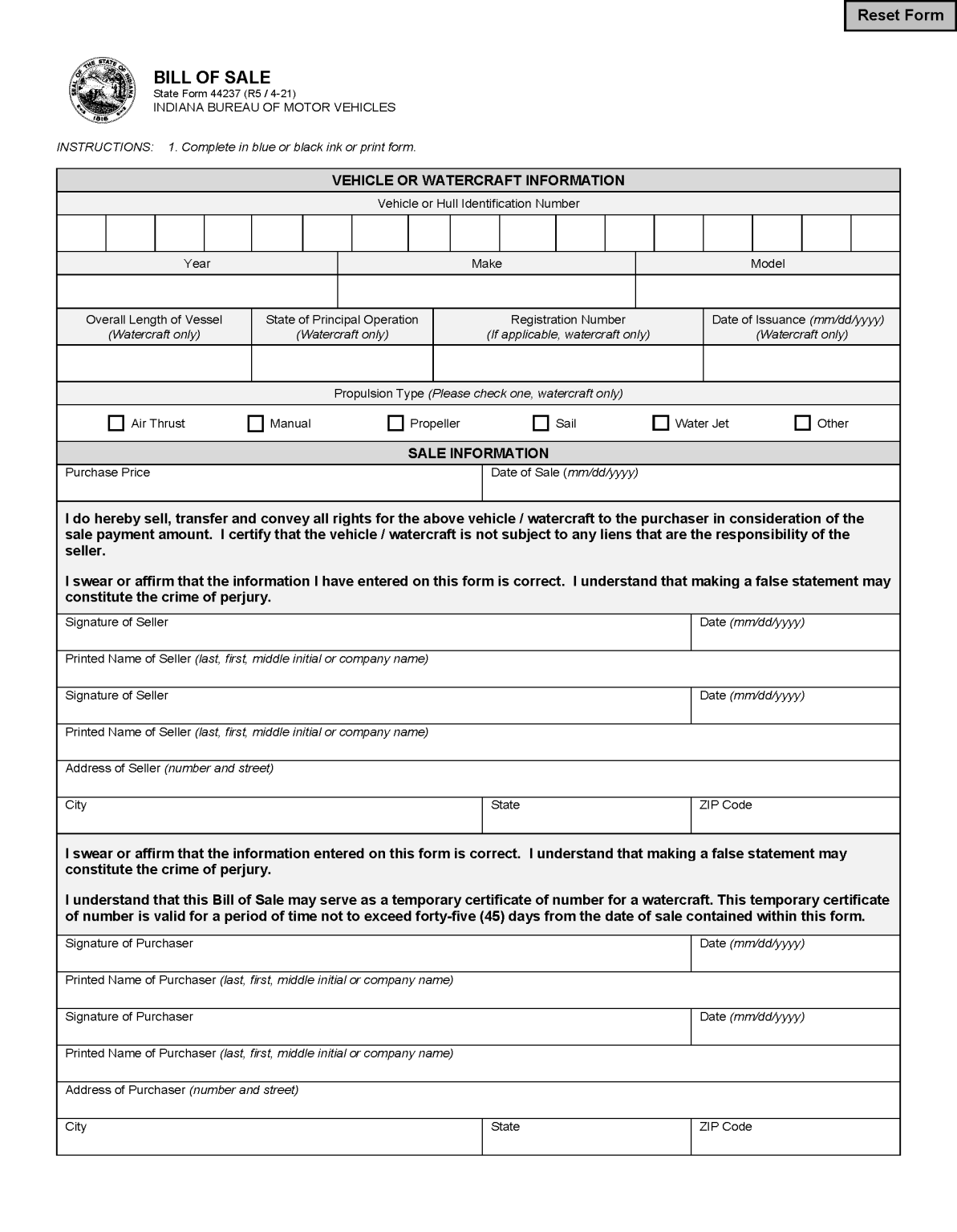 Free Indiana Boat Bill of Sale Form PDF