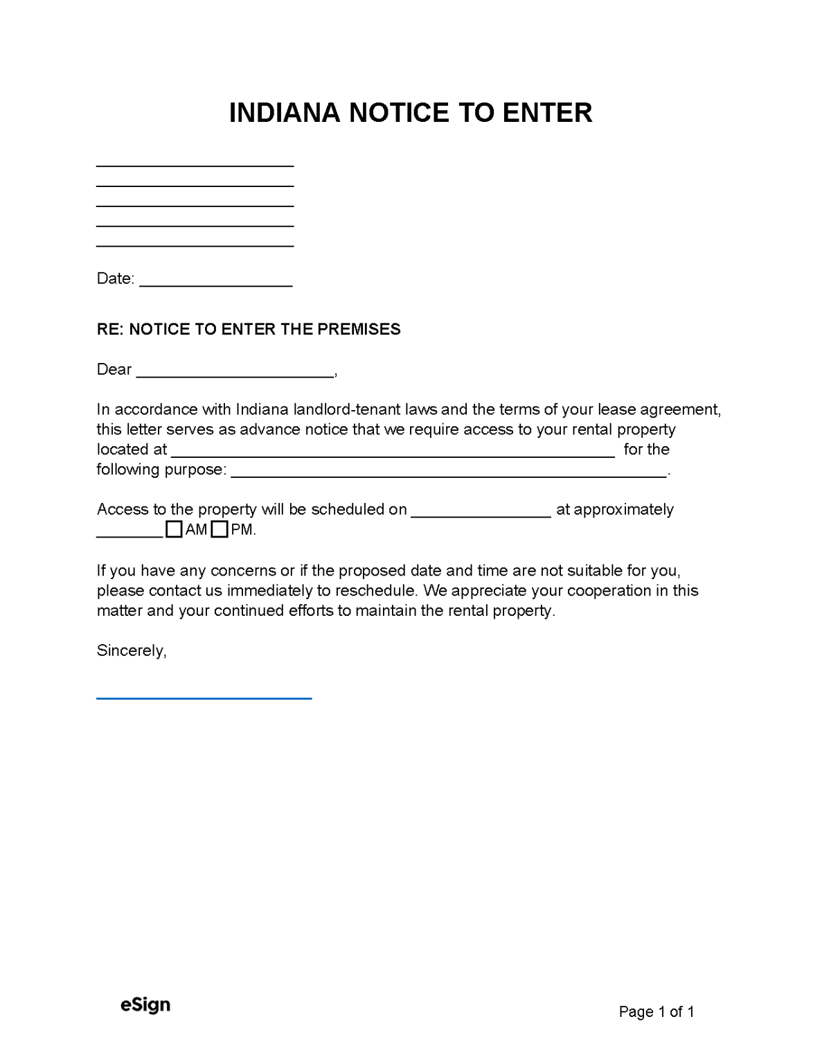 Free Indiana Landlord Notice to Enter PDF Word