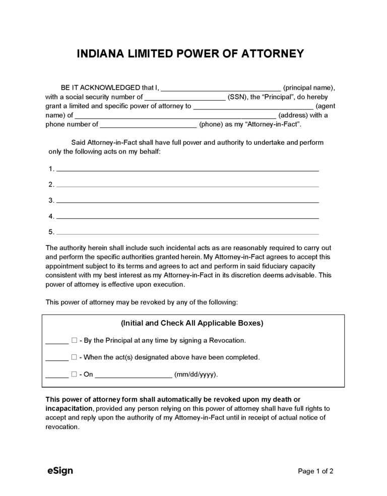 Free Indiana Limited Power of Attorney Form | PDF | Word