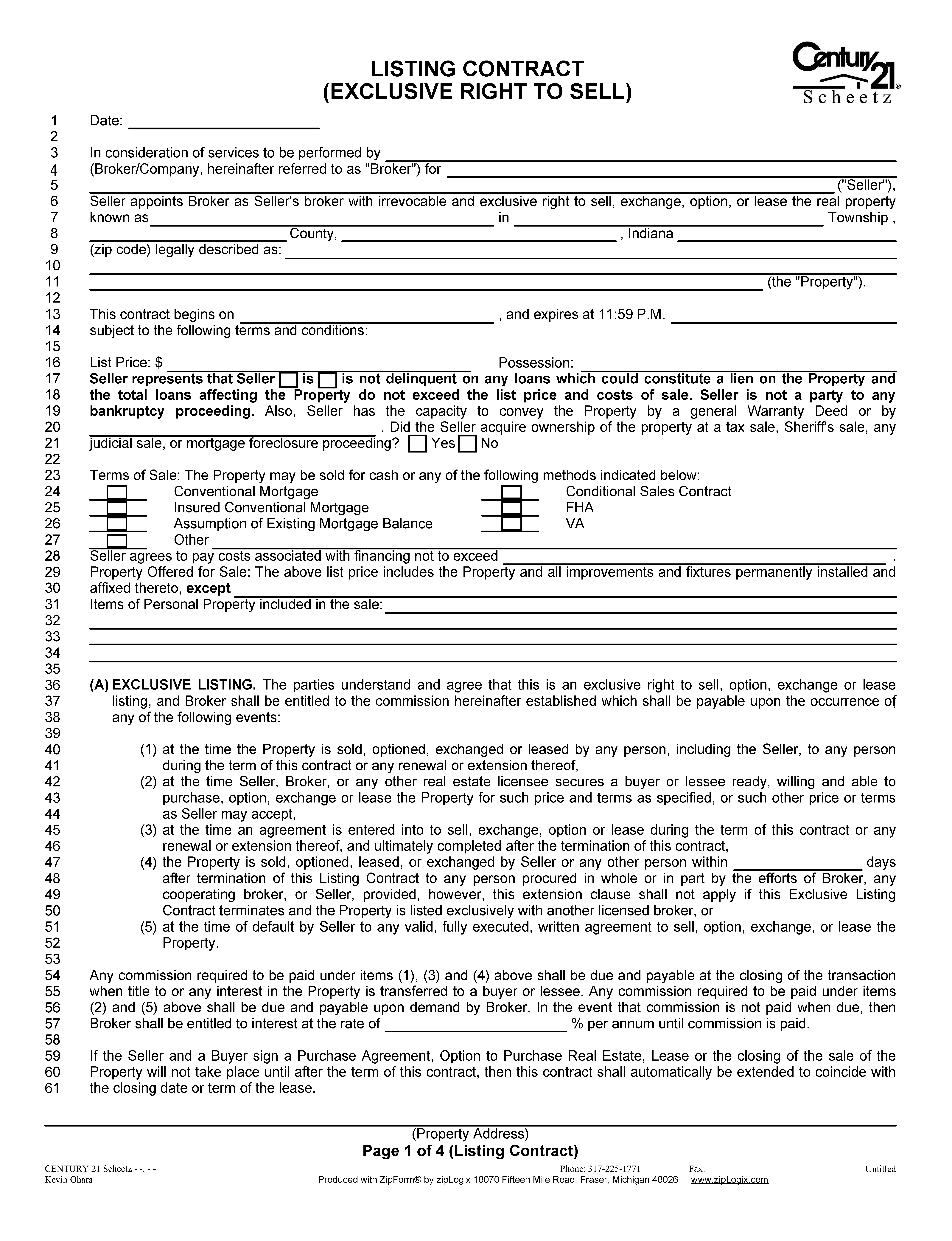 Free Indiana Real Estate Listing Agreement PDF Word