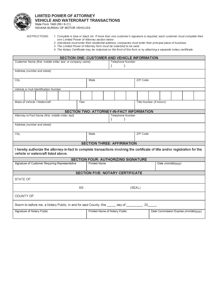 Free Indiana Motor Vehicle Power of Attorney (Form 01940) | PDF