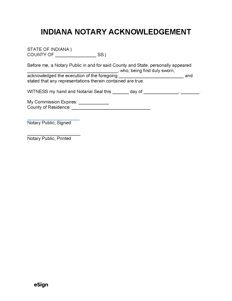 Free Indiana Notary Acknowledgment Form | PDF | Word