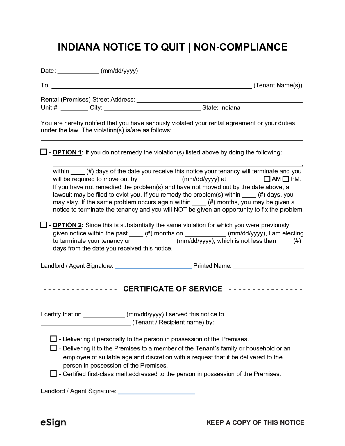 Free Indiana Eviction Notice Templates Laws PDF Word