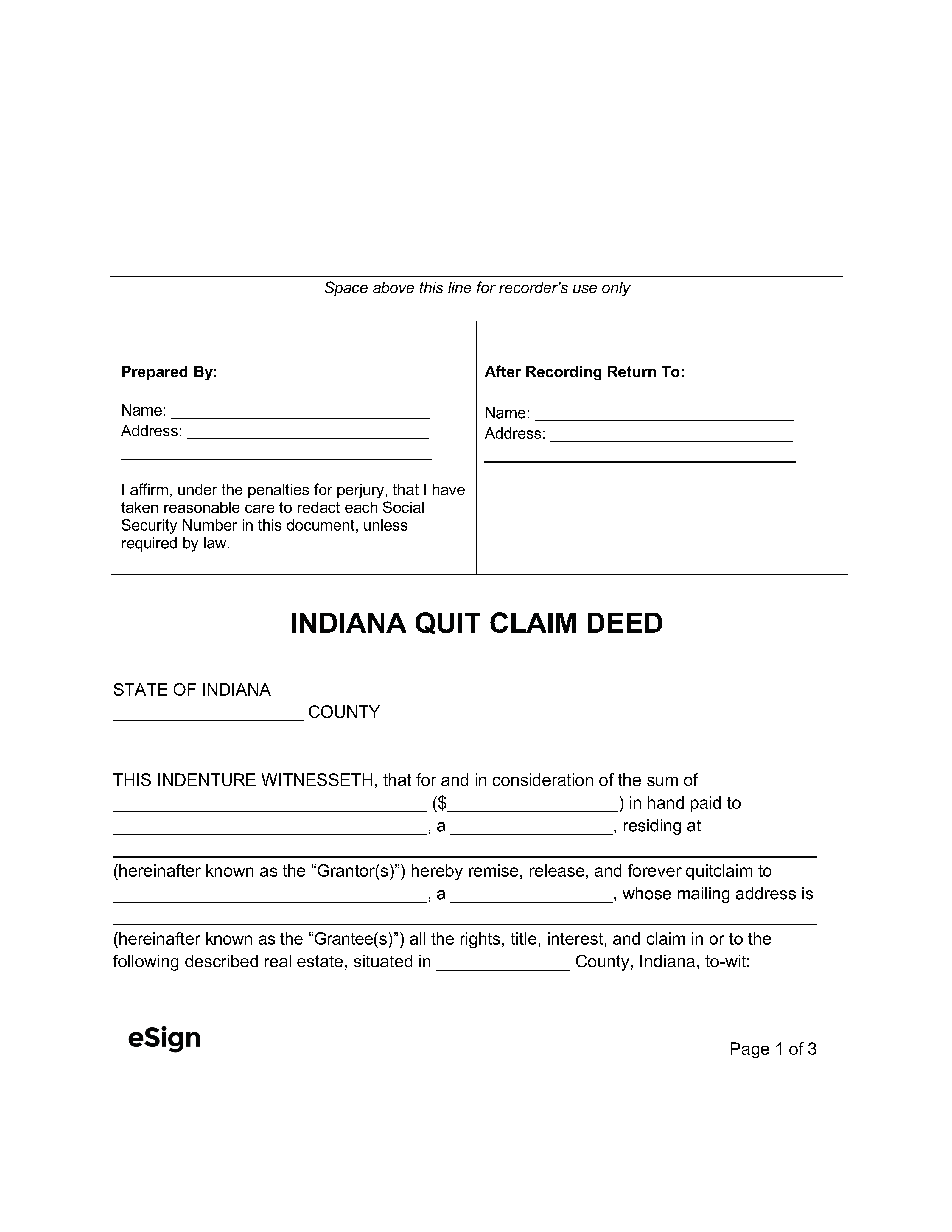 Quit Claim Deed Indiana Printable Free Form