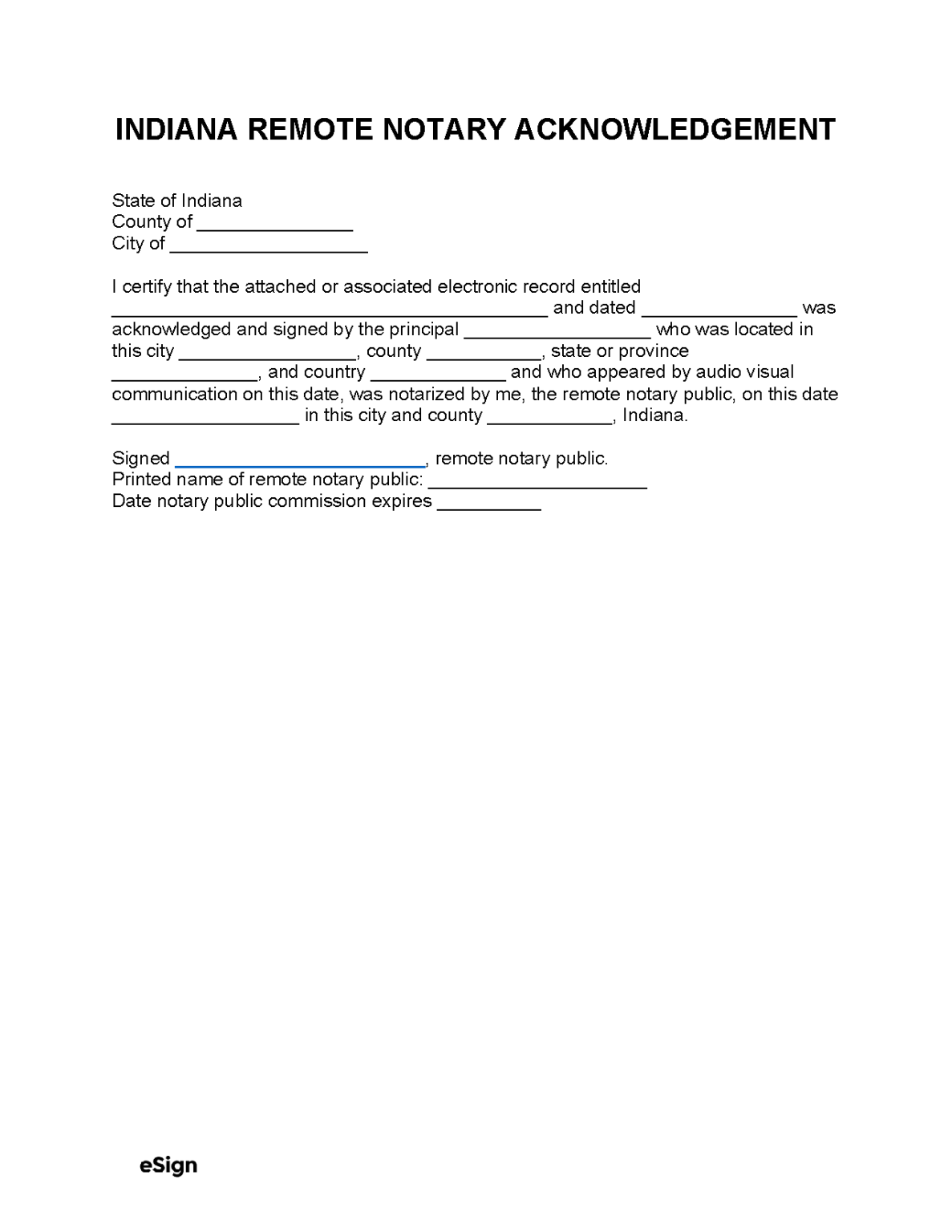 Free Indiana Notary Acknowledgment Form PDF Word