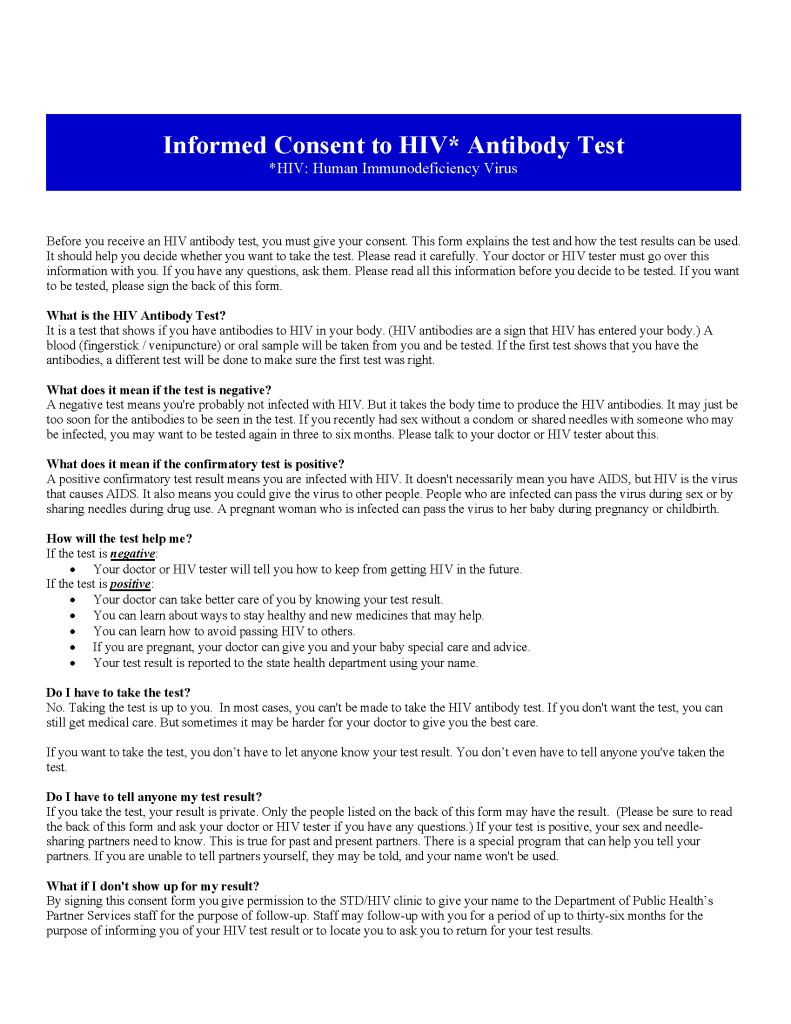 Free HIV Testing Consent Form | PDF