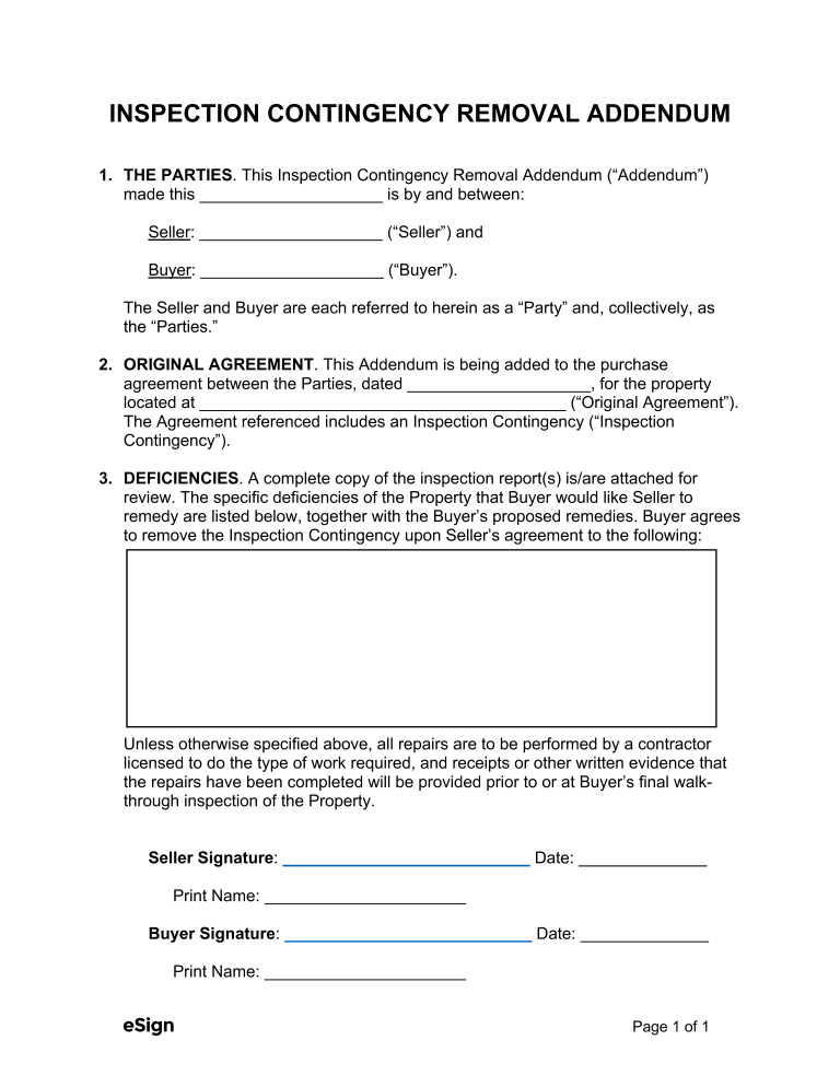 Free Inspection Contingency Addendum PDF Word