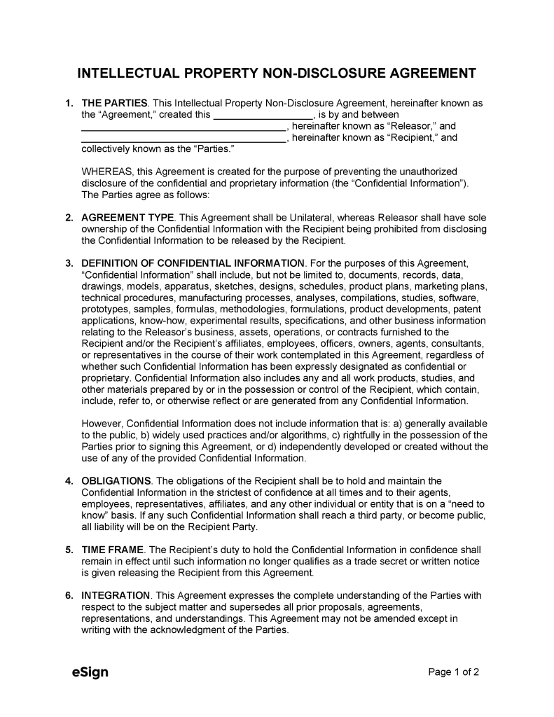 Free Intellectual Property Non Disclosure Agreement (NDA) PDF Word Free Intellectual Property Non Disclosure Agreement (NDA) PDF Word