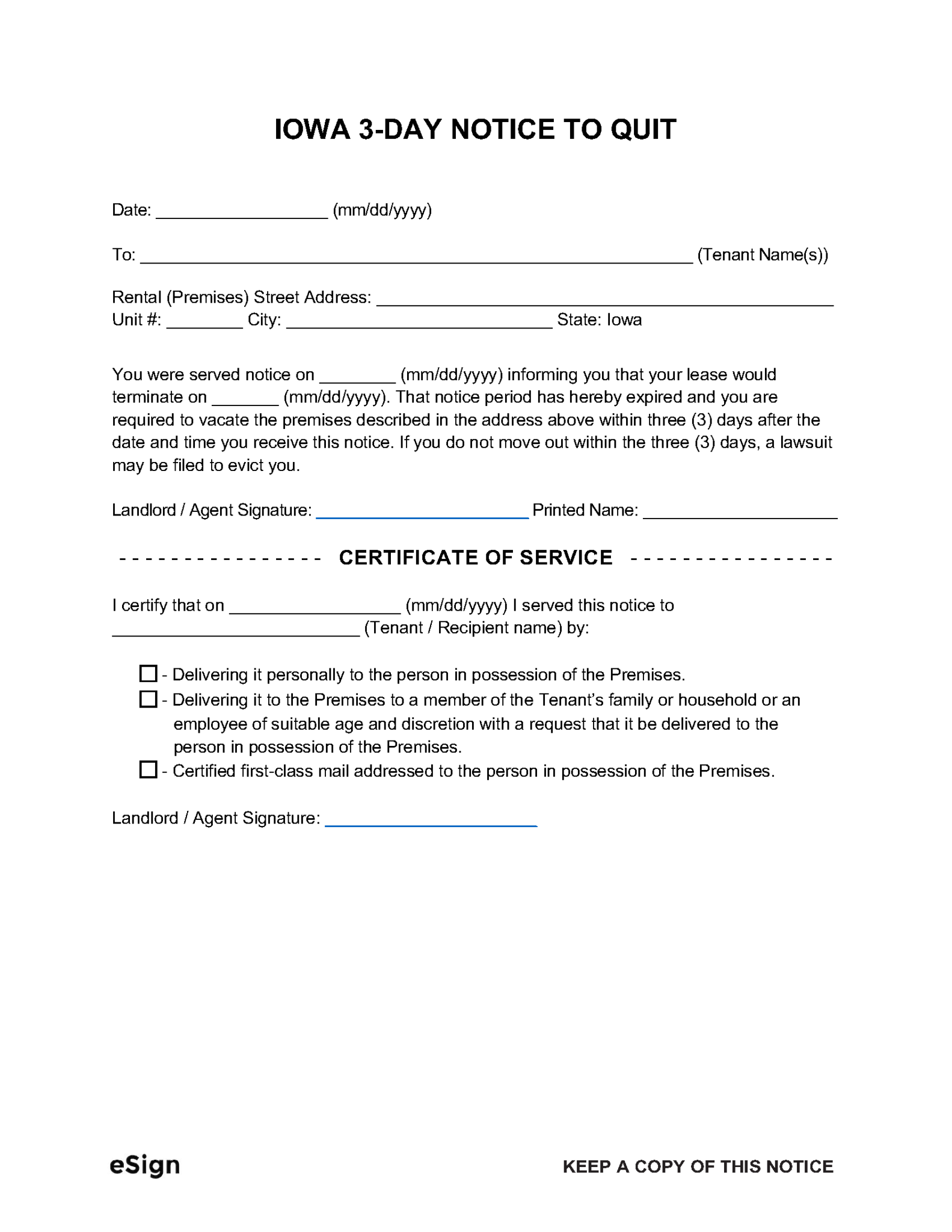 Free Iowa 30-Day Notice to Quit | Lease Termination Letter | PDF | Word