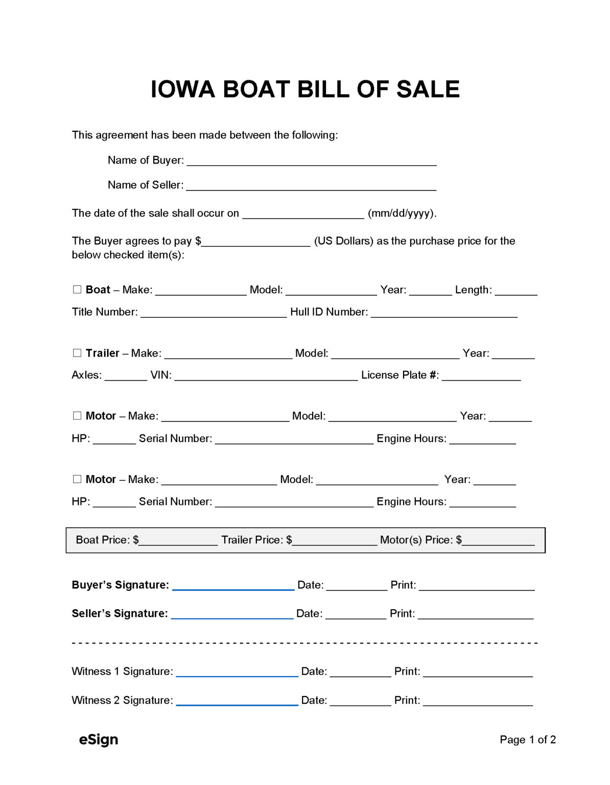 Free Iowa Boat Bill of Sale Form | PDF | Word