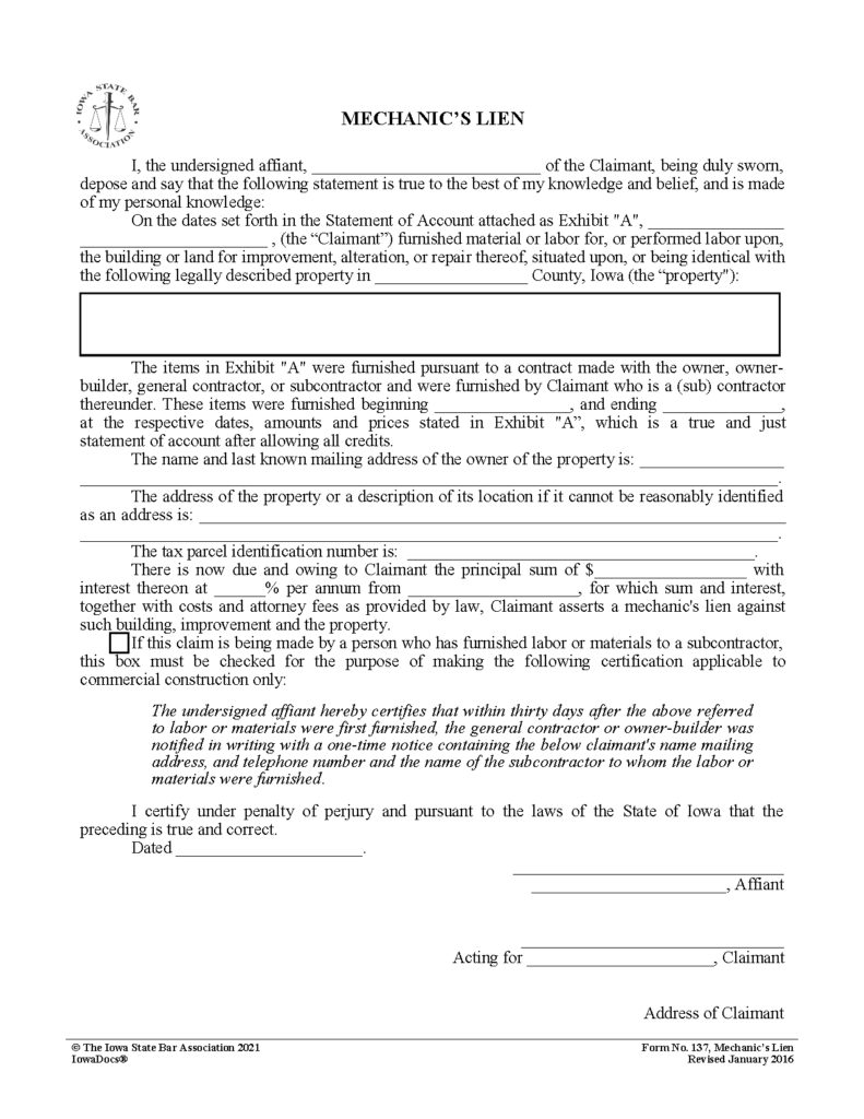 Free Iowa Mechanic’s Lien Form PDF