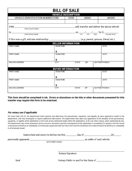 Free Iowa Motor Vehicle Bill of Sale Form | PDF