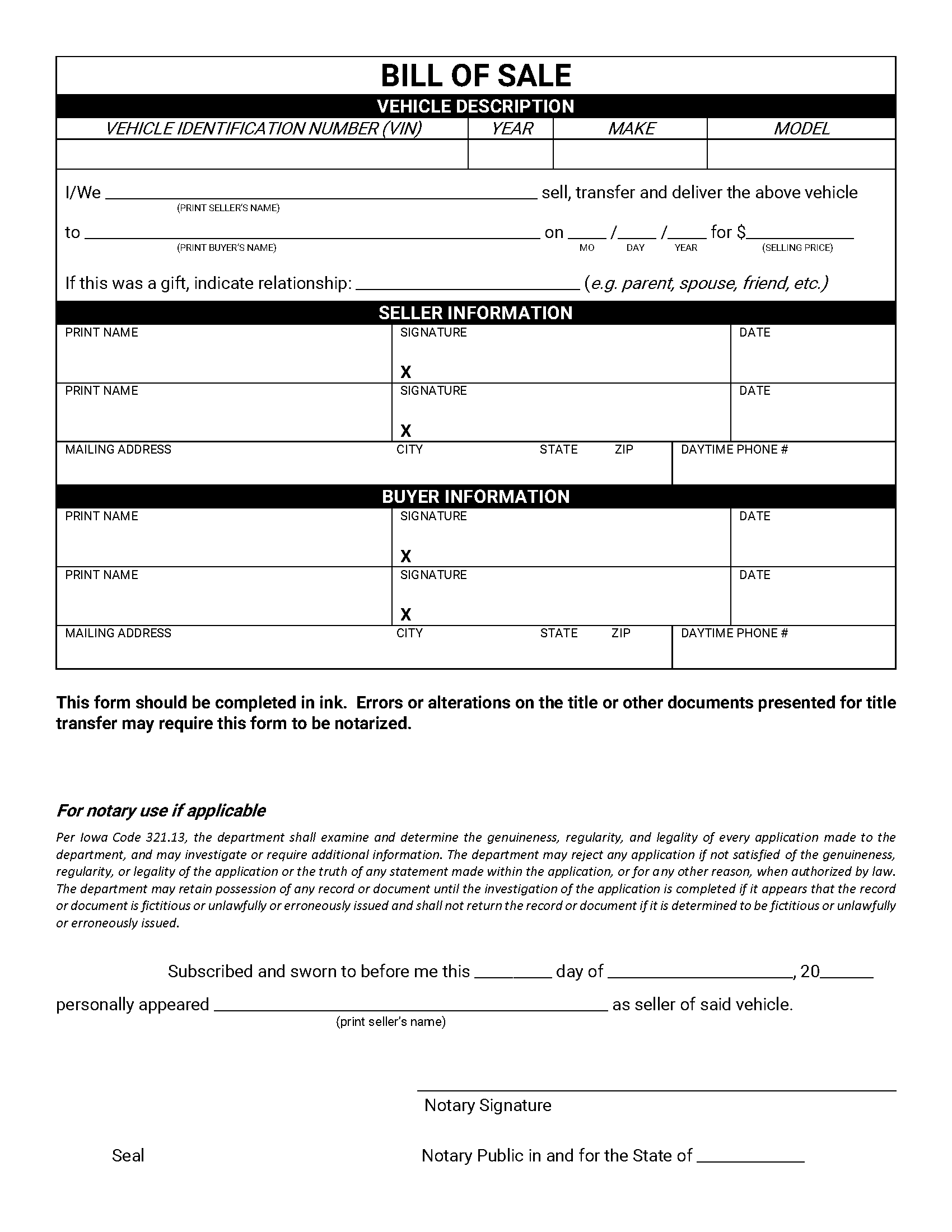 Free Iowa Motor Vehicle Bill of Sale Form - PDF  Word