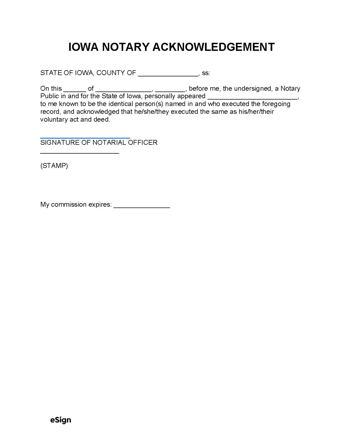 Free Iowa Notary Acknowledgment Form | PDF | Word