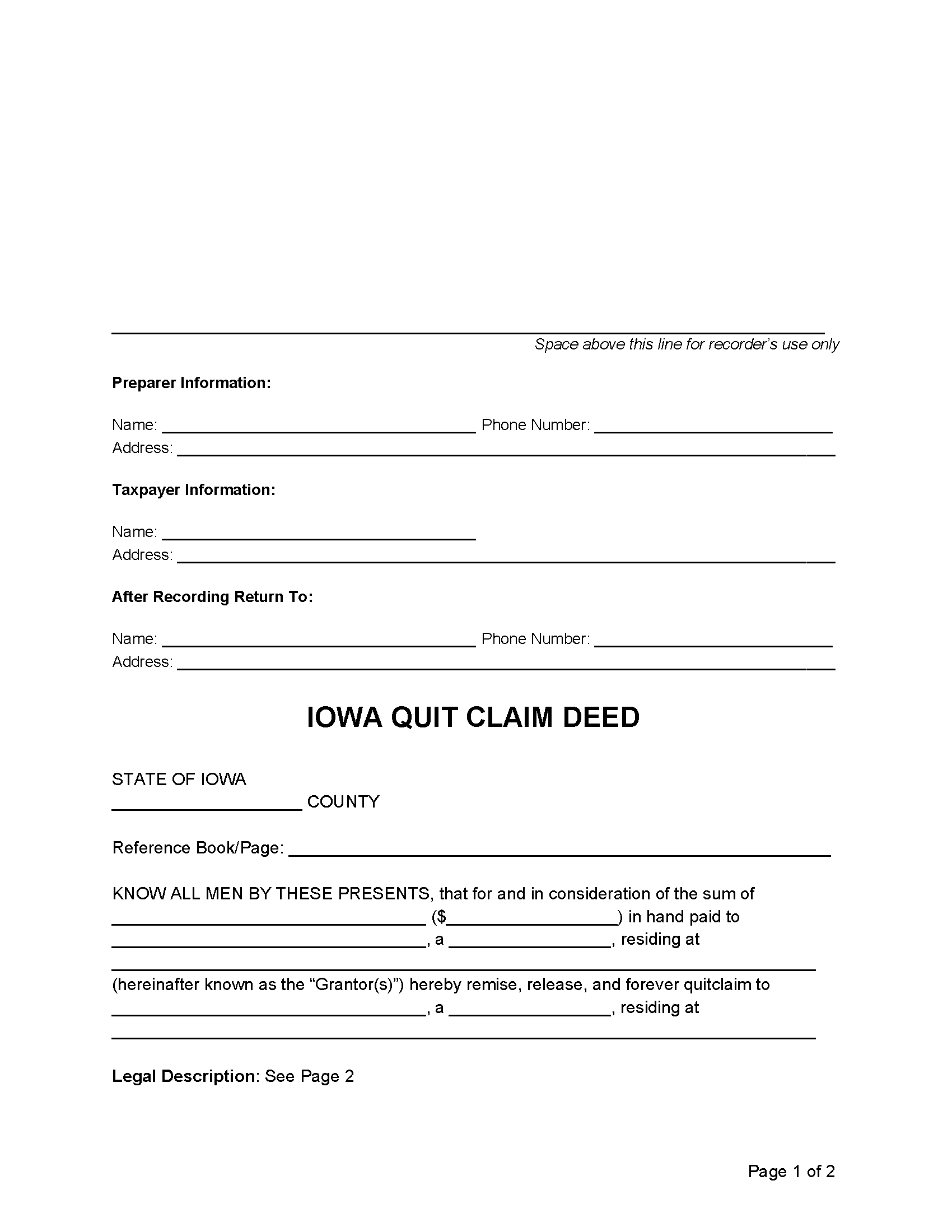 Free Iowa Quit Claim Deed Form | PDF | Word