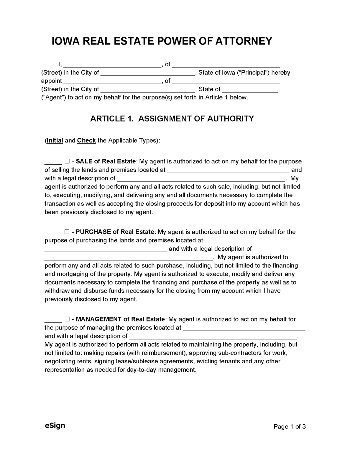 Free Iowa Real Estate Power of Attorney Form PDF Word